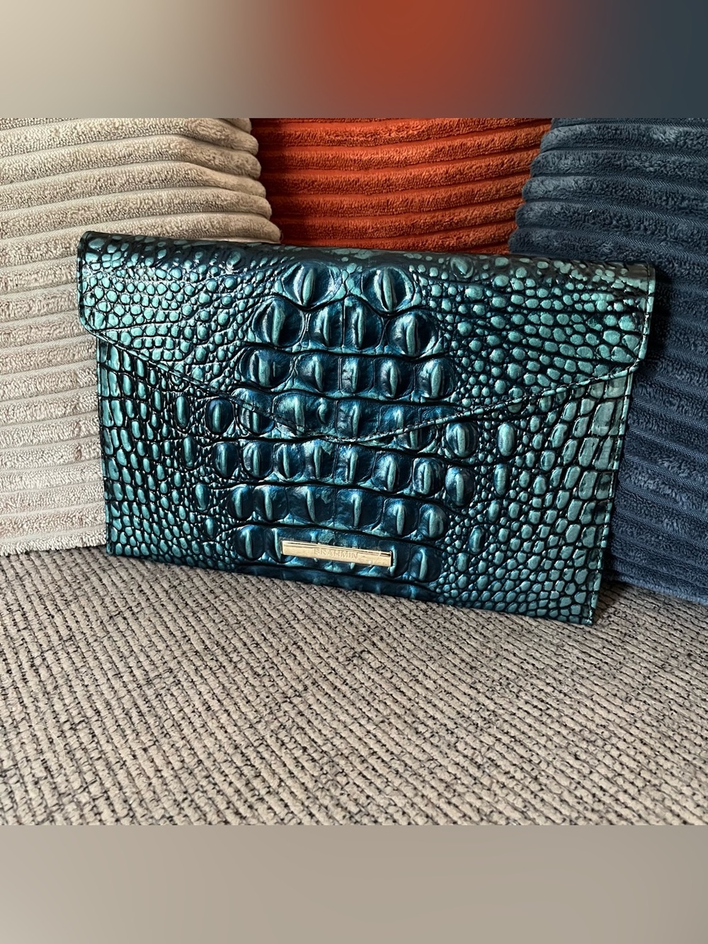 NWOT Brahmin verdigris teal envelope clutch croc embossed leather ocean teal
